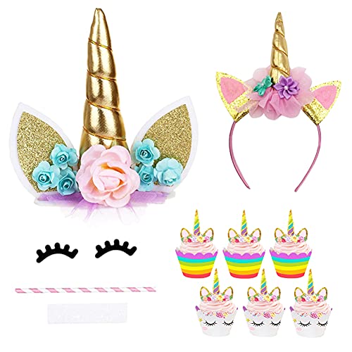 Nesloonp 28 Stück Einhorn Tortendeko Geburtstag Kuchen Deko Set Einhorn Deko Cupcake Wrapper Einhorn Stirnband Hörner Ohren für Mädchen Geburtstag Party Dekoration Geburtstagsfeier Dekor von Nesloonp