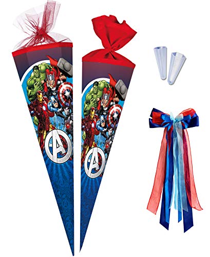 Nestler Schultüten-Set zum Befüllen, Handgemachte Zuckertüte aus Karton - Motiv Avengers inkl. Spitzenschutz, Schleife (85 cm 6-eckig) von Nestler