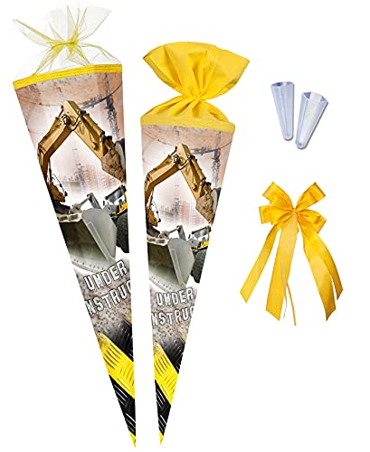 Nestler Schultüten-Set zum Befüllen, Handgemachte Zuckertüte aus Karton - Motiv Baustelle, inkl. Spitzenschutz, Schleife (70 cm rund) von Nestler