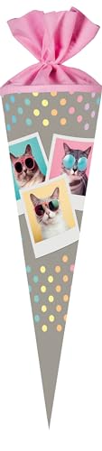 Nestler Schultüten-Set zum Befüllen, Handgemachte Zuckertüte aus Karton - Motiv Cool Cats, Schultüte, Spitzenschutz, Schleife (70 cm rund) von Nestler