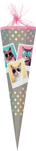 Nestler Schultüten-Set zum Befüllen, Handgemachte Zuckertüte aus Karton - Motiv Cool Cats, Schultüte, Spitzenschutz, Schleife (85 cm 6-eckig) von Nestler