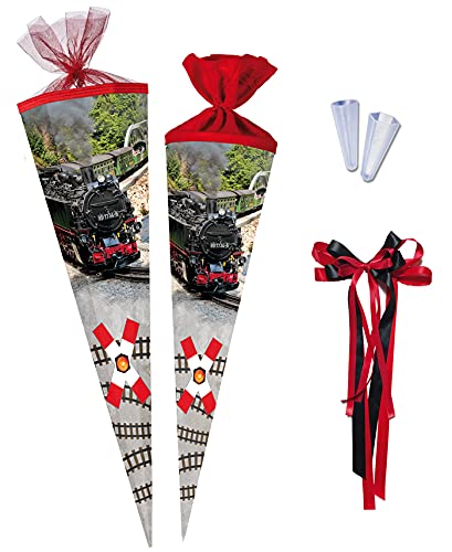 Nestler Schultüten-Set zum Befüllen, Handgemachte Zuckertüte aus Karton - Motiv Dampfeisenbahn, inkl. Spitzenschutz, Schleife (85 cm 6-eckig) von Nestler