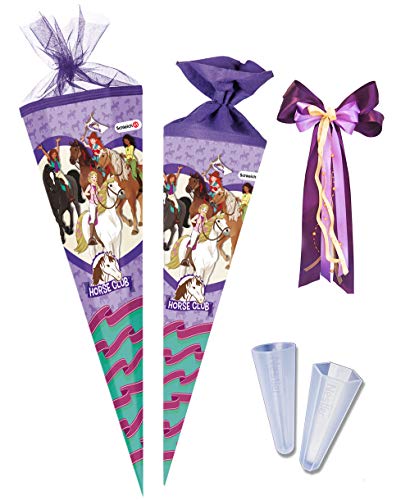 Nestler Schultüten-Set zum Befüllen, Handgemachte Zuckertüte aus Karton - Motiv Horse Club von Schleich, inkl. Spitzenschutz, Schleife (70 cm rund) von Nestler