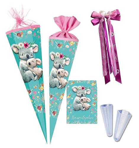 Nestler Schultüten-Set zum Befüllen, Handgemachte Zuckertüte aus Karton - Motiv Koalafamilie, Hausaufgabenheft, Spitzenschutz, Schleife (85 cm 6-eckig) von Nestler