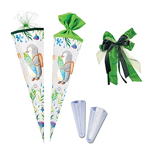 Nestler Schultüten-Set zum Befüllen, Handgemachte Zuckertüte aus Karton - Motiv Pandaliebe - Pinguin, inkl. Spitzenschutz, Schleife (70 cm rund) von Nestler