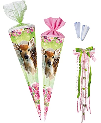 Nestler Schultüten-Set zum Befüllen, Handgemachte Zuckertüte aus Karton - Motiv Rehkitz, inkl. Spitzenschutz, Schleife (70 cm rund) von Nestler