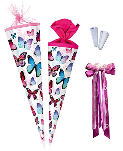 Nestler Schultüten-Set zum Befüllen, Handgemachte Zuckertüte aus Karton - Motiv Schmetterling, inkl. Spitzenschutz, Schleife (100 cm 12-eckig) von Nestler