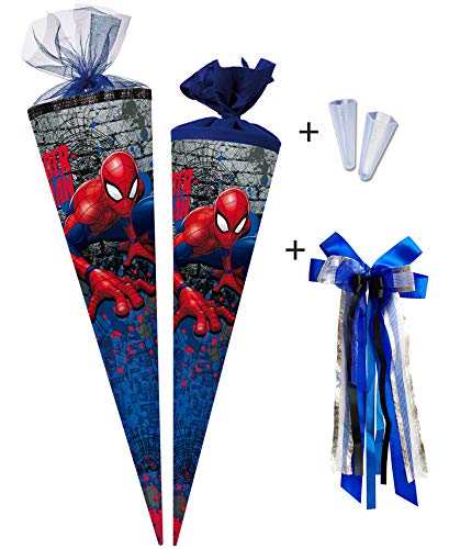 Nestler Schultüten-Set zum Befüllen, Handgemachte Zuckertüte aus Karton - Motiv Spider-Man, inkl. Spitzenschutz, Schleife (70 cm rund) von Nestler