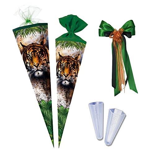 Nestler Schultüten-Set zum Befüllen, Handgemachte Zuckertüte aus Karton - Motiv Tiger, Spitzenschutz, Schleife (70 cm rund) von Nestler