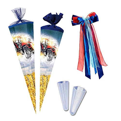 Nestler Schultüten-Set zum Befüllen, Handgemachte Zuckertüte aus Karton - Motiv Trekker inkl. Spitzenschutz, Schleife (70 cm rund) von Nestler