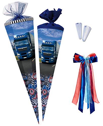 Nestler Schultüten-Set zum Befüllen, Handgemachte Zuckertüte aus Karton - Motiv Trucks on The Road inkl. Spitzenschutz, Schleife (85 cm 6-eckig) von Nestler