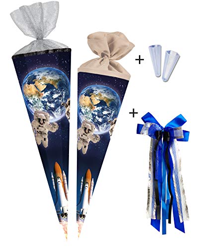 Nestler Schultüten-Set zum Befüllen, Handgemachte Zuckertüte aus Karton - Motiv Weltraum inkl. Spitzenschutz, Schleife (85 cm 6-eckig) von Nestler