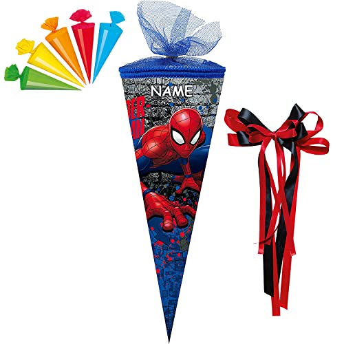 personalisiert mit Name, großer Schleife und 5 kleinen Schultüten- Schultüte Spider-Man 2018 Zuckertüte Schulanfang Einschulung Schule: Größe: 50cm rund von Nestler