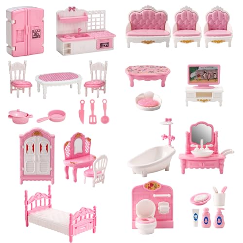 4 Sets Dollhouse Möbelset, realistische Plastikpuppenhausminiaturen umfassen Küchen, Schlafzimmer, Badezimmer und Wohnzimmer DIY -Kit, Puppenhauszubehör und Möbel für Kinder von NethCasti