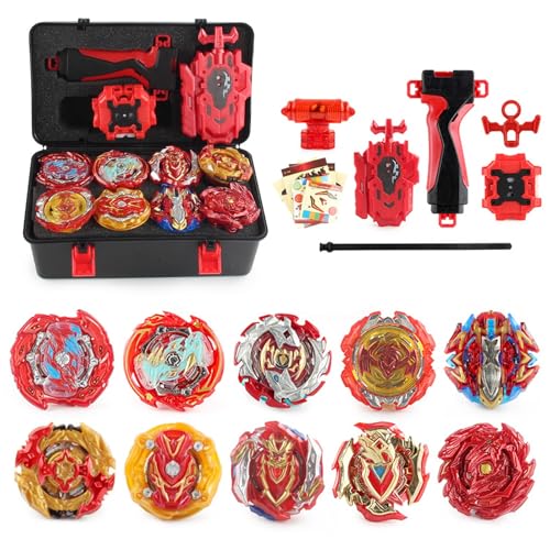 Netoke 10 in 1 Gyros Set, 4D Kampfkreisel Kreisel Battle mit Launcher Gyros, inkl 4 Stück Gyros Accessory Set, Rot von Netoke