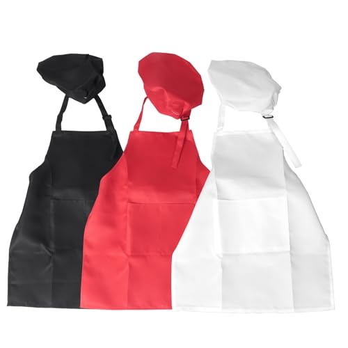 Nettoppo 6 StüCk Kinder SchüRzen und HüTe Set Kinder Chef SchüRzen zum Kochen Backen Malen SchüRzen + Schwarz + Rot von Nettoppo