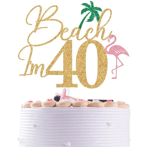 Tortenaufsatz mit Aufschrift "Beach I'm 40 - Oh Flock I'm 40/Cheers to 40 Years", lustiger Sommerstrand, hawaiianisches Thema, 40. Geburtstag, Party-Dekoration, goldfarben Tortenaufsatz mit Aufschrift "Beach I'm 40 - Oh Flock I'm 40/Cheers to 40 Years", lustiger Sommerstrand, hawaiianisches Thema, 40. Geburtstag, Party-Dekoration, goldfarben von Nettuao