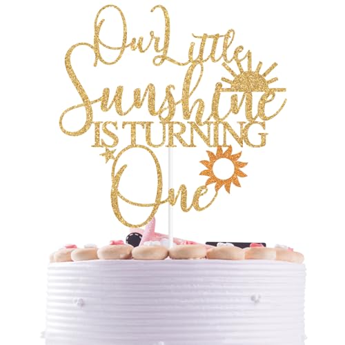Tortenaufsatz mit goldenem Glitzer, Aufschrift "Our Little Sunshine is Turning One", Sonnenschein, Happy 1. Geburtstag, lustige Party-Dekoration für Babys Tortenaufsatz mit goldenem Glitzer, Aufschrift "Our Little Sunshine is Turning One", Sonnenschein, Happy 1. Geburtstag, lustige Party-Dekoration für Babys von Nettuao
