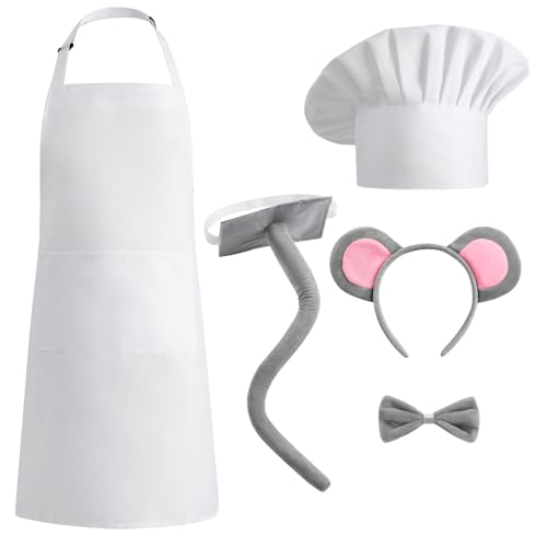 Maus-Kostüm-Set mit Kochmütze, Schürze für Erwachsene, Mausohren, Stirnband, Fliege, Schwanz, Party-Verkleidungszubehör für Remy Ratatouille von Neujiwo