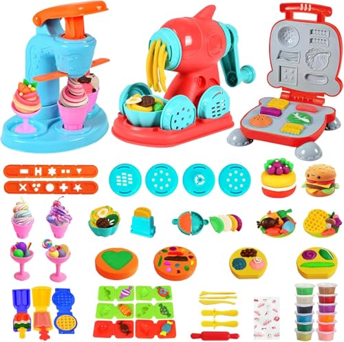 Neuytiky 51 Stück Knete Dough Set für Kinder,Kitchen Creations Nudelmaschine Spielset Burger Eiscreme, Knetwerkzeug Kinderknete und 12 Dosen Knete,Spielzeug Geschenk mädchen & Junge 2-10 Jahre von Neuytiky