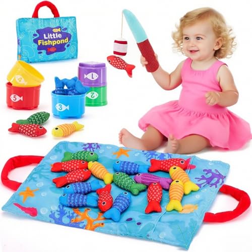 Neuytiky Angelspiel ab 1 Jahr - Montessori Fische Angeln Spiel mit 15 Stofffischen & 5 Eimern - Lernspielzeug für Kleinkinder - Motorikspiel ab 12 Monate - Inkl. Tragetasche von Neuytiky