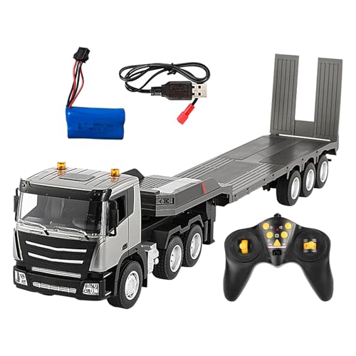 RC -Flachbett -LKW - 1/24 Semi -LKW -Modell, Fernbedienungsschlepper mit Anhänger | 9-Kanal-Baufahrzeug mit 2,4-GHz-Controller, Sound & , schwerer Ausrüstungstransporter für Kinder und Erwachse von NevPuose