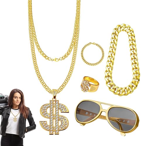 Hip -Hop -Kostüm Männer - Hopfen Kostümzubehör, Rapper Kostüm | 80er/90er Jahre Hip Hop Kostüm Kit Hip Hop Rapper Kostüm Juwely gefälschte Goldgeldkette Twist Bein Punk Sonnenbrille Dollar Schild Fing Hip -Hop -Kostüm Männer - Hopfen Kostümzubehör, Rapper Kostüm | 80er/90er Jahre Hip Hop Kostüm Kit Hip Hop Rapper Kostüm Juwely gefälschte Goldgeldkette Twist Bein Punk Sonnenbrille Dollar Schild Fing von Nevalerra