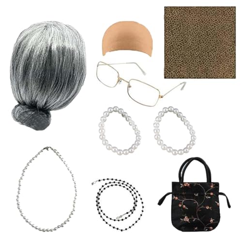 Kinder alte Lady Perücke - graues Kostüm Haar, Kindermantastkleid | Weiche synthetische Fasern elastische Mütze Basis, klassisches Bun -Stil -Design zum Erstellen von lustigen Outfits während Spielen Kinder alte Lady Perücke - graues Kostüm Haar, Kindermantastkleid | Weiche synthetische Fasern elastische Mütze Basis, klassisches Bun -Stil -Design zum Erstellen von lustigen Outfits während Spielen von Nevalerra