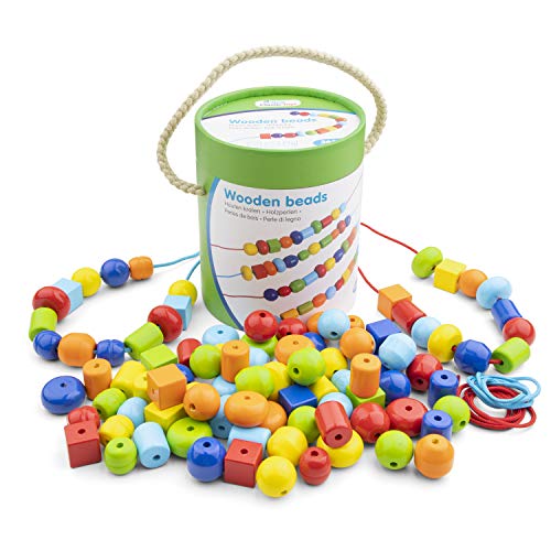 New Classic Toys Mädchen 10574 Wooden Beads-96, Pieces, Mehrfarbig, 96 Stück von New Classic Toys