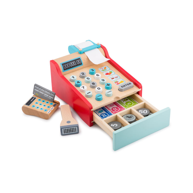 Spiel-Kasse EINKAUFEN mit Zubehör aus Holz von New Classic Toys