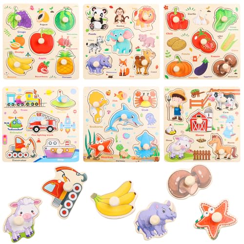 NewZC Greifpuzzle Holz Set 6 Themen Montessori Pädagogisches Holzpuzzle mit Griff Cartoon Steckpuzzle Kleinkinder für Mädchen and Jungen ab 3 Jahre - Obst Bauernhof Insekten Waldtiere Meerestiere Auto NewZC Greifpuzzle Holz Set 6 Themen Montessori Pädagogisches Holzpuzzle mit Griff Cartoon Steckpuzzle Kleinkinder für Mädchen and Jungen ab 3 Jahre - Obst Bauernhof Insekten Waldtiere Meerestiere Auto von NewZC