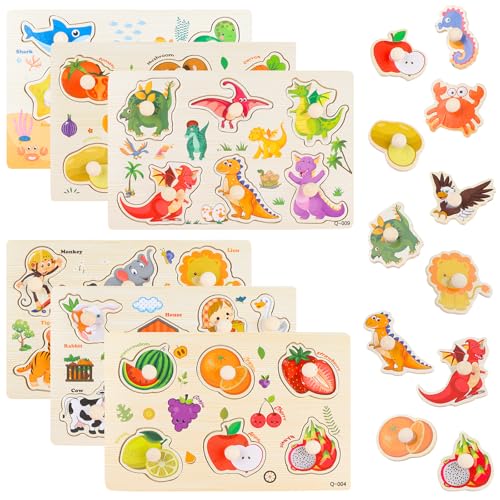 NewZC Greifpuzzle Holz Set 6 Themen Montessori Pädagogisches Holzpuzzle mit Griff Lernspielzeug Steckpuzzle Kleinkinder für Mädchen Jungen ab 3 Jahre-Obst Gemüse Bauernhof Dinosaurier Wald Meerestiere von NewZC