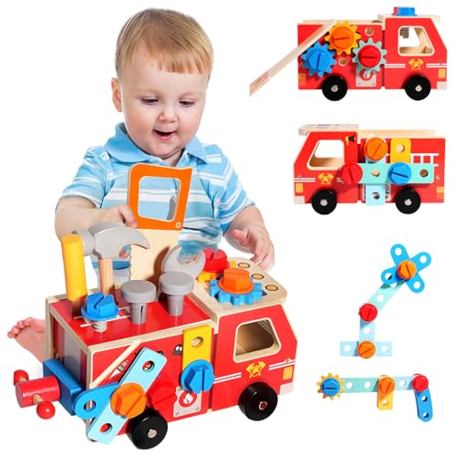 NewZC Werkzeugkoffer Kinder Holzspielzeug Werkzeug für 3 bis 6 Jahren Junge Mädchen - Holz Kinderspielzeug Werkbank Motorikspielzeug ab 2 Jahre Montessori Feuerwehrauto zum Zusammenbauen von NewZC