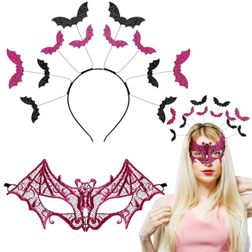 Newcotte 2 x rosa Halloween-Fledermaus-Kostüm, Fledermausohren, Stirnband, Maske, Zubehör, Party, Cosplay, Dekorationen für Damen, Herren, Erwachsene von Newcotte