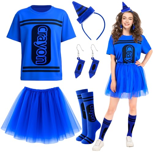 Newcotte 7-teiliges Halloween-Kostüm-Set mit Wachsmalstift, T-Shirt, Tutu, Rock, Oberschenkelhohe Strümpfe, Holzohrring, Blau, Einheitsgröße Newcotte 7-teiliges Halloween-Kostüm-Set mit Wachsmalstift, T-Shirt, Tutu, Rock, Oberschenkelhohe Strümpfe, Holzohrring, Blau, Einheitsgröße von Newcotte