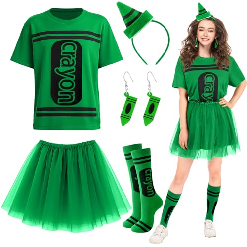Newcotte 7-teiliges Halloween-Kostüm-Set mit Wachsmalstift, T-Shirt, Tutu, Rock, Oberschenkelhohe Strümpfe, Holzohrring, Grün , Einheitsgröße Newcotte 7-teiliges Halloween-Kostüm-Set mit Wachsmalstift, T-Shirt, Tutu, Rock, Oberschenkelhohe Strümpfe, Holzohrring, Grün , Einheitsgröße von Newcotte