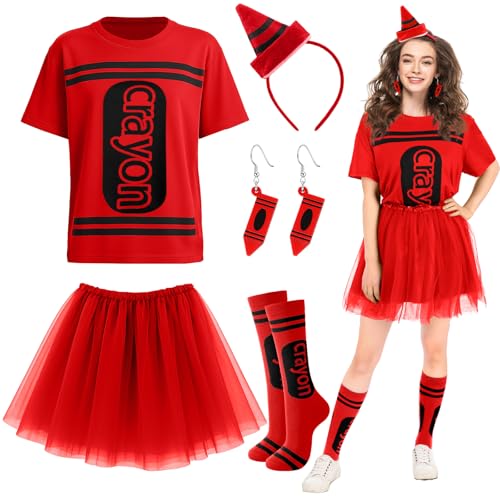 Newcotte 7-teiliges Halloween-Kostüm-Set mit Wachsmalstift, T-Shirt, Tutu, Rock, Oberschenkelhohe Strümpfe, Holzohrring, Rot/Ausflug, einfarbig (Getaway Solids), Einheitsgröße von Newcotte