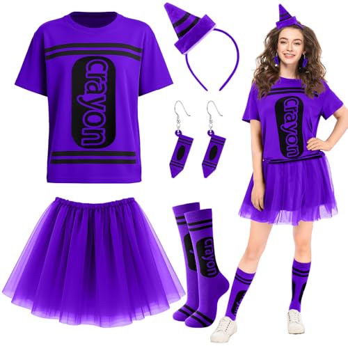 Newcotte 7-teiliges Halloween-Kostüm-Set mit Wachsmalstift, T-Shirt, Tutu, Rock, Oberschenkelhohe Strümpfe, Holzohrring, Violett, Einheitsgröße von Newcotte