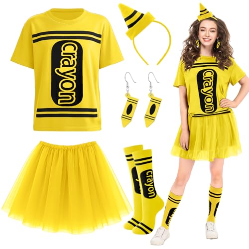 Newcotte 7-teiliges Halloween-Kostüm-Set mit Wachsmalstift, T-Shirt, Tutu, Rock, Oberschenkelhohe Strümpfe, Holzohrring, gelb, Einheitsgröße von Newcotte
