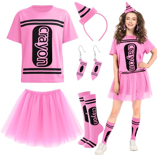 Newcotte 7-teiliges Halloween-Kostüm-Set mit Wachsmalstift, T-Shirt, Tutu, Rock, Oberschenkelhohe Strümpfe, Holzohrring (Rosa) von Newcotte