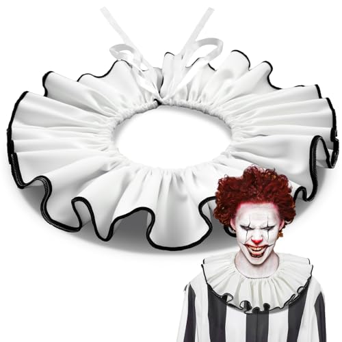 Newcotte Clownhalsband für Herren, Clownkragen, Rüschenkragen, Erwachsene, verstellbar, schwarz-weiß, Narrenkostüm, Halloween, Cosplay, Zubehör (weiß mit schwarzen Kanten) von Newcotte