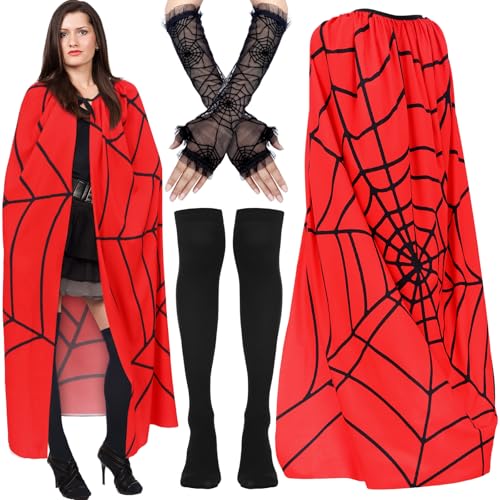 Newcotte Halloween Damen Spinnennetz Cosplay Kostüm Set Rot Spinnennetz Poncho Umhang Handschuhe Socken Spinnenkostüm Set für Halloween Party Newcotte Halloween Damen Spinnennetz Cosplay Kostüm Set Rot Spinnennetz Poncho Umhang Handschuhe Socken Spinnenkostüm Set für Halloween Party von Newcotte