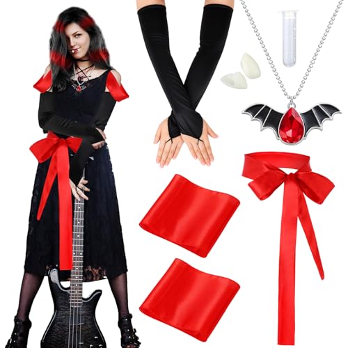 Newcotte Halloween-Gothic-Kostüm-Zubehör, schwarze Fledermausflügel, Stein-Halskette, lange Handschuhe, 3 rote Satin-Gürtel, Vampirzähne für Damen und Erwachsene, Halloween, Cosplay, Party, 6 Stück Newcotte Halloween-Gothic-Kostüm-Zubehör, schwarze Fledermausflügel, Stein-Halskette, lange Handschuhe, 3 rote Satin-Gürtel, Vampirzähne für Damen und Erwachsene, Halloween, Cosplay, Party, 6 Stück von Newcotte