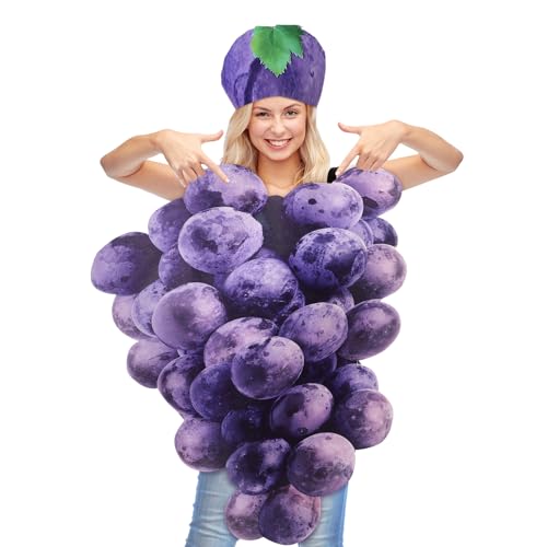 Newcotte Halloween-Kostüm für Damen und Herren, Erwachsene, echte violette Traubenfrucht, mit Stirnband, lustiges Obst, Cosplay, Outfits, Verkleidungsparty, 2 Stück von Newcotte