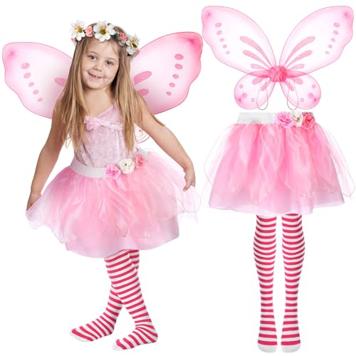 Newcotte Halloween-Kostüm für Mädchen, mit Flügeln, Tutu, Stirnband, gestreifte Strumpfhose für Kinder, Kleinkinder, Halloween, 4 Stück (rosa Fee) von Newcotte