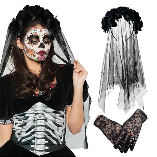 Halloween Schleier, Schleier Halloween, Halloween Tag der Toten Haarreif, Halloween Tag der Toten Haarreif, Rosen Brautschleier schwarz, Halloween Haarreifen, Gothic Accessoires von Newhope