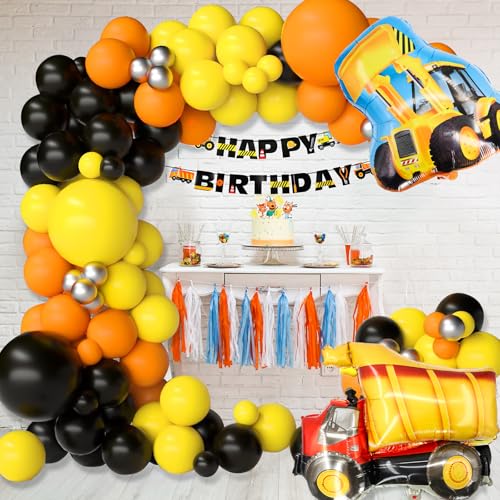 Newthinking Bau-Ballon-Party-Dekorationen, 125 Stück, schwarz, gelb, orange, Ballonbogen-Girlande, Kit mit LKW-Bagger, Mylar-Ballons für Bau-Themenparty, Geburtstagsdekoration von Newthinking