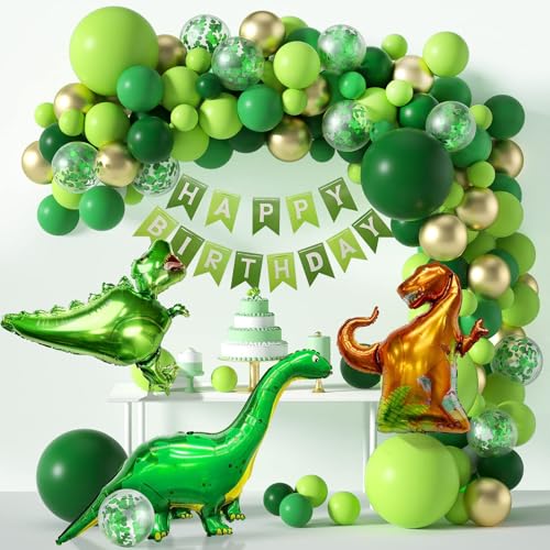 Newthinking Dinosaurier-Ballonbogen-Girlande-Set, 118 Stück Happy Birthday Party Luftballons mit 3 Stück Folien-Dinosaurier, grüner Dschungel-Dino-Themen-Dekor von Newthinking