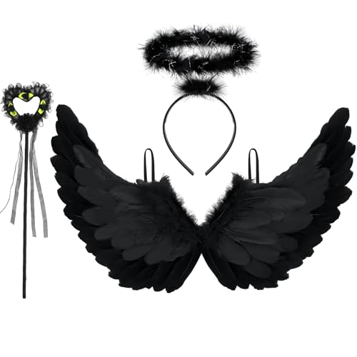 Newthinking Engelsflügel und Heiligenschein für Erwachsene, große schwarze Federflügel, Halloween, Engelsfeenkostüm, Cosplay für Damen, 80 x 42 cm von Newthinking