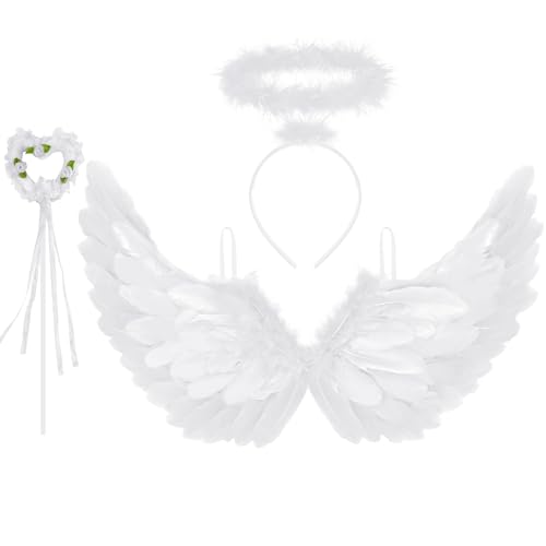 Newthinking Engelsflügel und Heiligenschein für Erwachsene, große weiße Federflügel, Halloween, Engelsfeenkostüm, Cosplay für Damen, 80 x 42 cm von Newthinking
